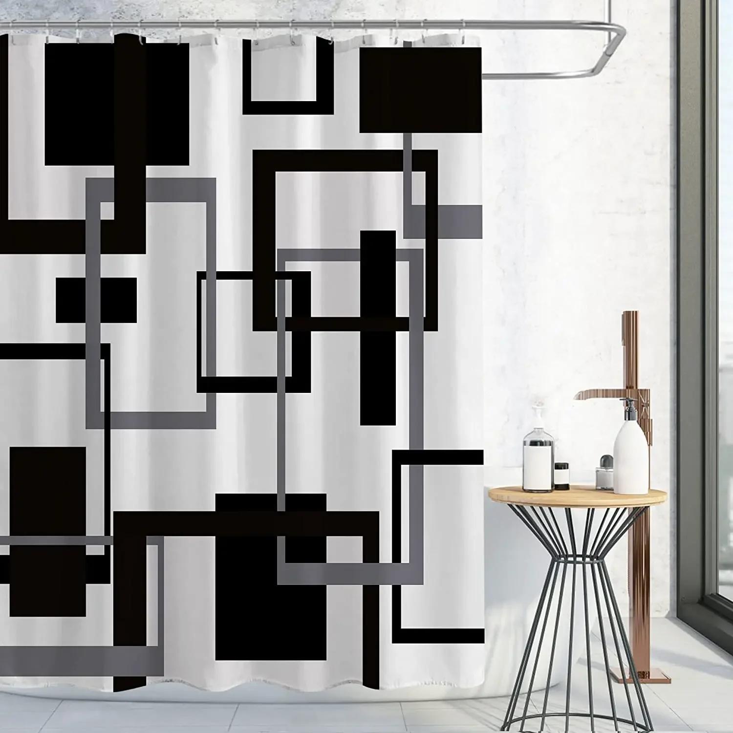 Black And White Shower Curtains Black Grey Geometric Abstract Mid Century Modern Minimalist Fabric Curtain For Bathroom Decor
