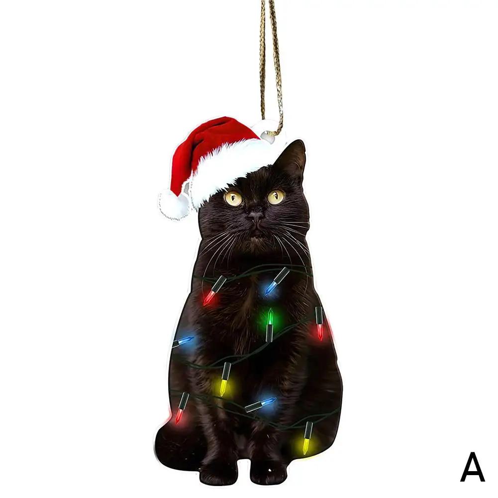 Charming Black Cat Christmas Ornament 2D Acrylic Hanging Decor For Tree Car Mirror Keychain Kid Xmas Gift Holiday Party Sup Q3E6