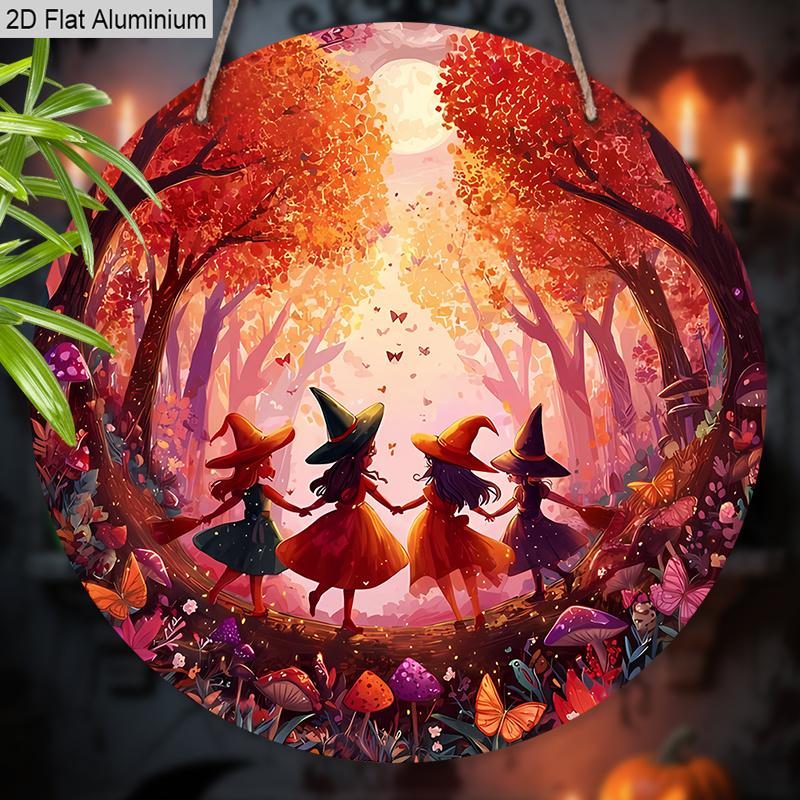 2D Flat Aluminium Halloween Sign with Oil Painting Witchs Pattern - Halloween Figurine Ornaments - Ideal for Front Door, Wall, Porch, Window Decor
