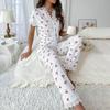 Women's Plus Size Lace Cherry V-neck Pajama T-shirt with Slim Fit Long Pants