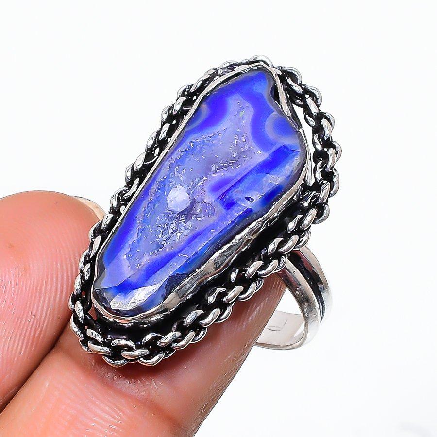 

Natural Blue Druzy Gemstone Handmade 925 Sterling Silver Ring Size 8 J4n17