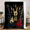 Two Electric Guitars, Hand Sign, Lightning Bolts, and "Let's Rock" Text. for All Seasons Blanket Lunch Break Throw Gift