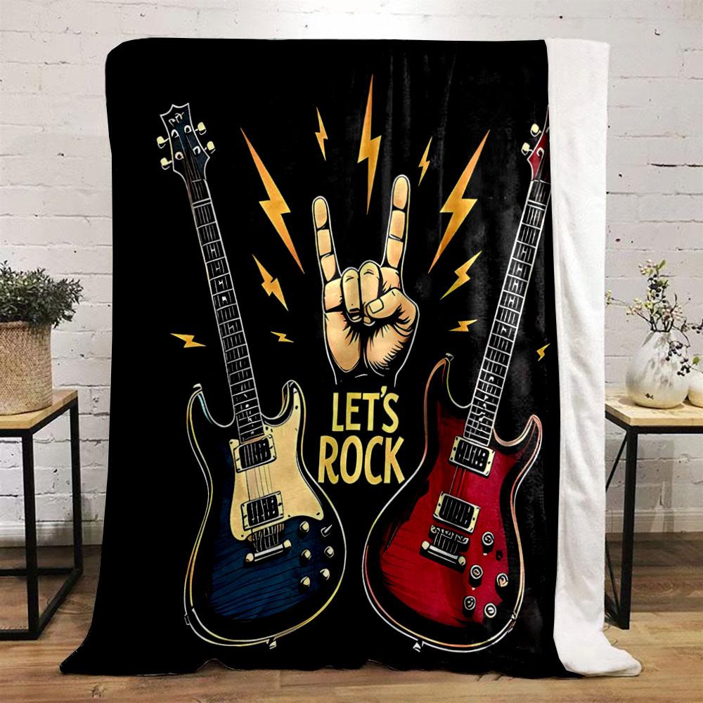 Two Electric Guitars, Hand Sign, Lightning Bolts, and "Let's Rock" Text. for All Seasons Blanket Lunch Break Throw Gift
