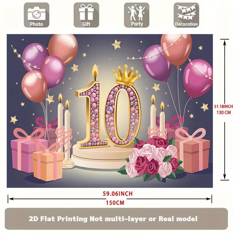 2D Rosa Gold 10. Geburtstag Kulisse mit Kerzen, Rosen & Geschenkboxen Party Banner