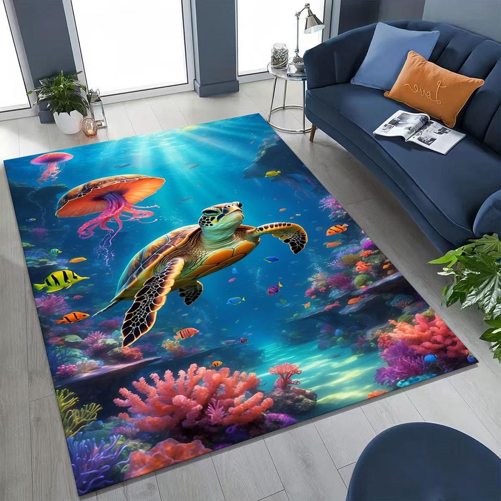 Dream Underwater World Sea Dolphin Turtle Coral Art Rug for Bedroom Living Room Sofa Home Doormat Decor,Kids Non-slip Floor Mat