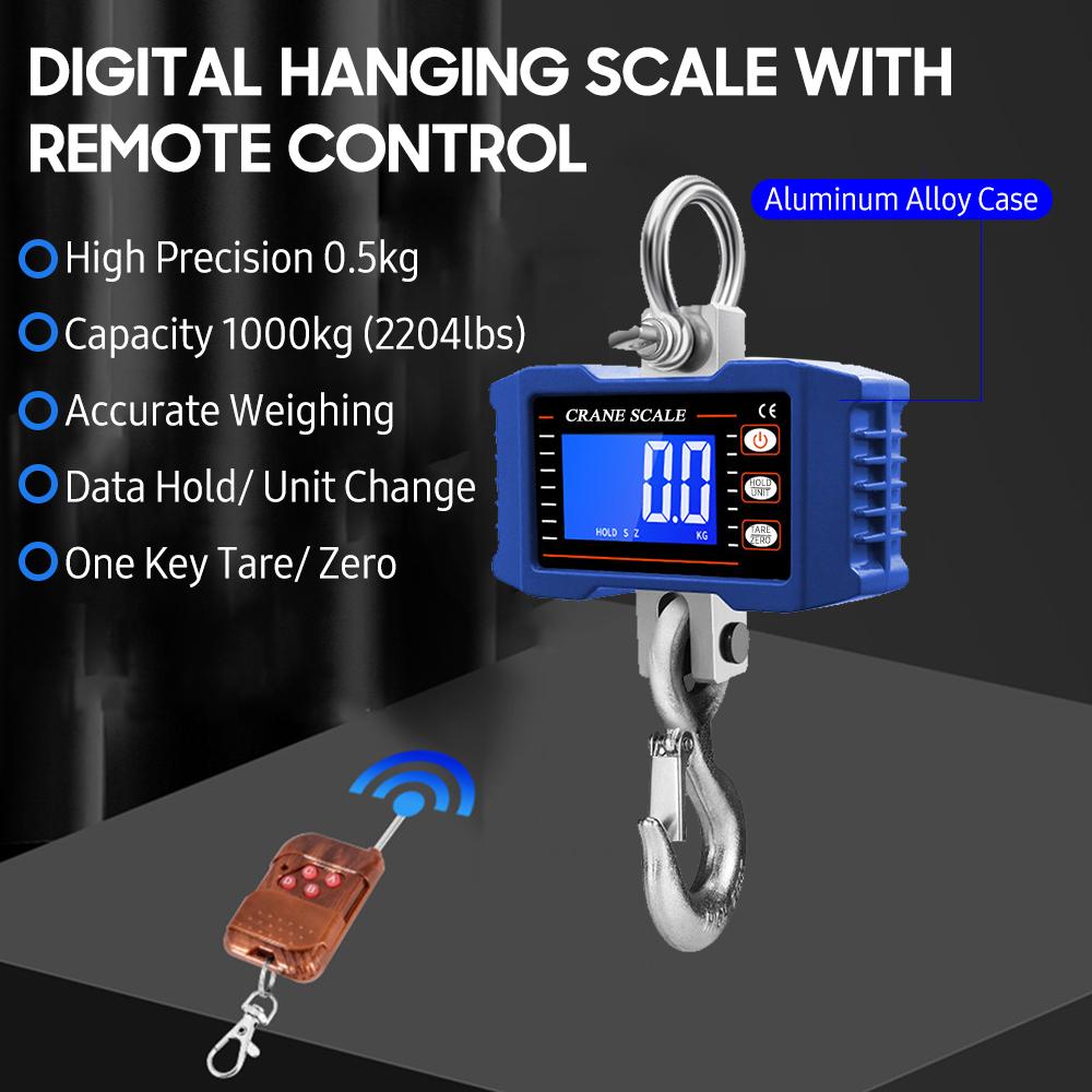 Digital Hanging Scale with Remote Control 1000kg/ 2204lbs Portable Hvy Duty Crane Scale LCD Backlight Industrial Hook Scales Unit Change/ Data Hold/ T