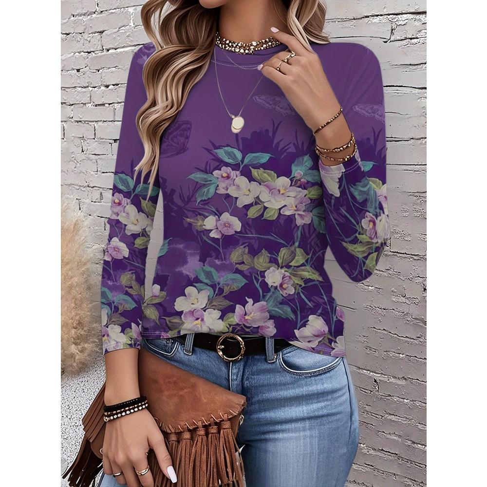 Women's fashionable long sleeved T-shirt with floral pattern