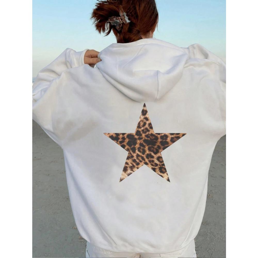 Casual Womans Hoodies Leopard Pentagram Pattern Printing Pullovers Loose Pocket Warm  Sweatshirts Autumn Female Clothing