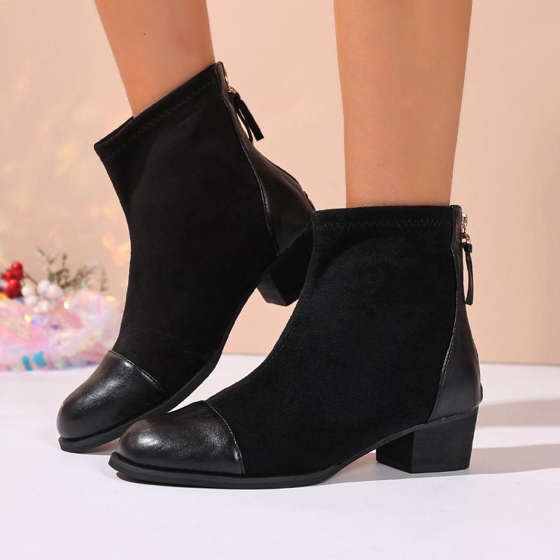 Retro Zamszowe Botki Slim, Buty Damskie, Nowe Botki Skarpetkowe z Kwadratowym Noskiem i Grubym Obcasem, Krótkie Botki