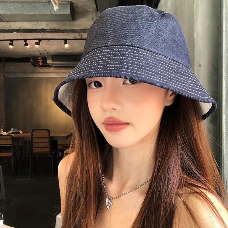 Retro double-sided can wear denim bucket hat women show small face high-end sense versatile basin hat autumn and winter hat
