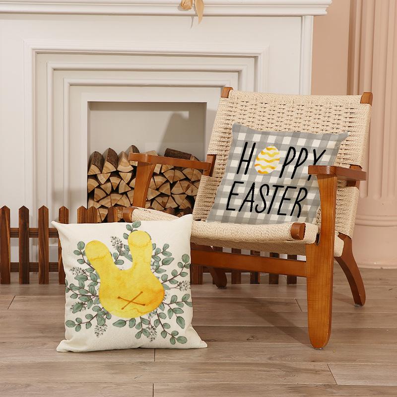 Easter Bunny Printed Pillow Gray Set Plaid Square Pillowcase Living Room Decorative Sofa Cushion