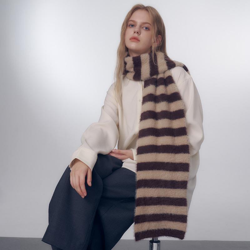 Original Niche Color Scheme Imitation Classic Striped Knitted Wool Muffler for Women Autumn Winter Soft Warm Scarf Female Shawl