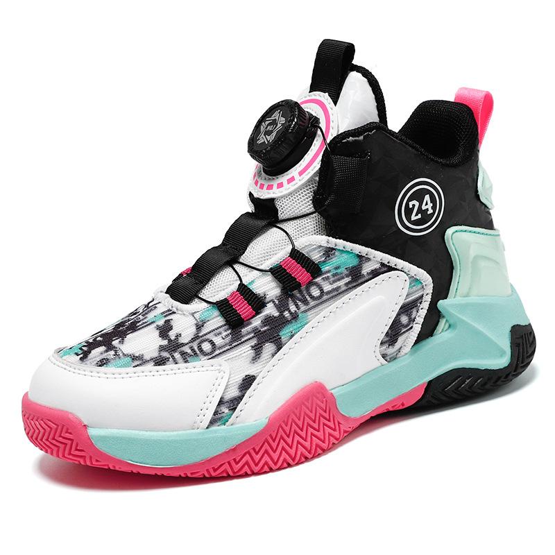 New children's button-down basketball shoes, mesh fly knitted basketball sneakers, combat boots, high-top shoes, boys' sneakers, big boys