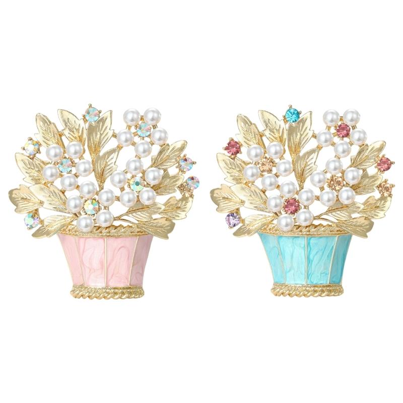 Elegant Floral Basket Brooch with Enamel Finish and Simulated Pearls for Fashionable Accessories Various Occasion
