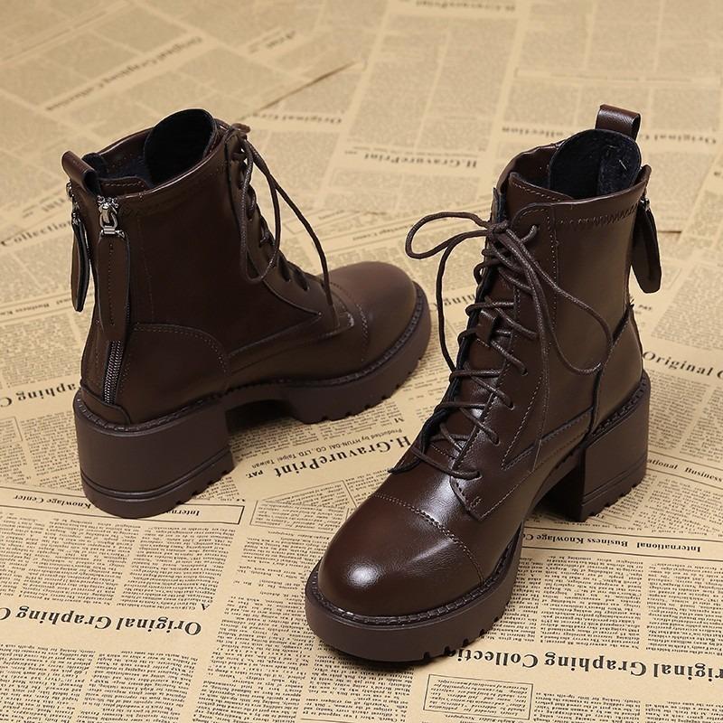 Martin Boots Autumn and Winter New Rear Zipper Platform Fashion Short Boots Show Small Thin Boots Leather Shoes