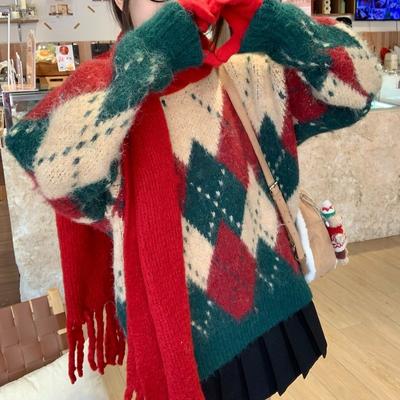 Pulls d'automne et d'hiver à imprimé vintage, pulls de Noël, mode femme, pull tricoté ample à col rond pour femme, élégant, chaud, décontracté, 25509