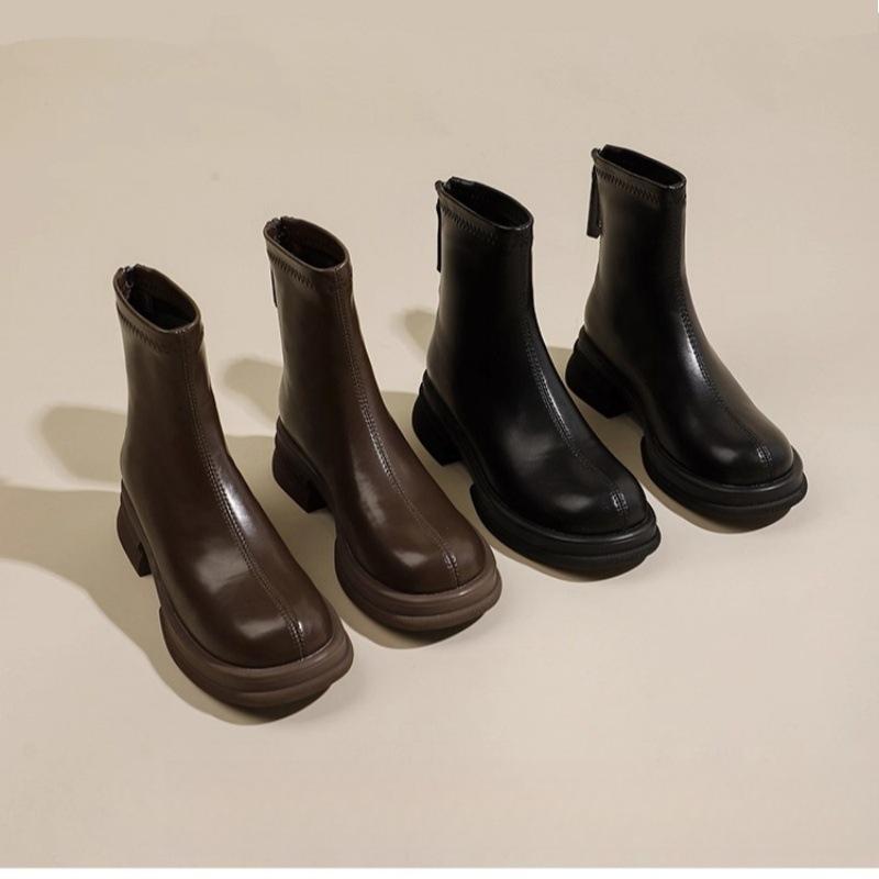 Soft leather thick-soled heightening short boots women's new elastic thin boots in autumn and winter 2025 regular thick-heeled Martin boots
