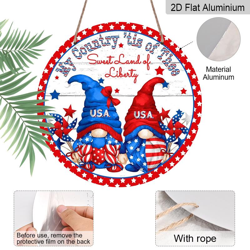 2D Flat Round Metal Sign: “My Country, This Sweet Land of Liberty” Patriotic Sign, 4th of July Sign, Red, White, and Blue Gnome for Home, Garden