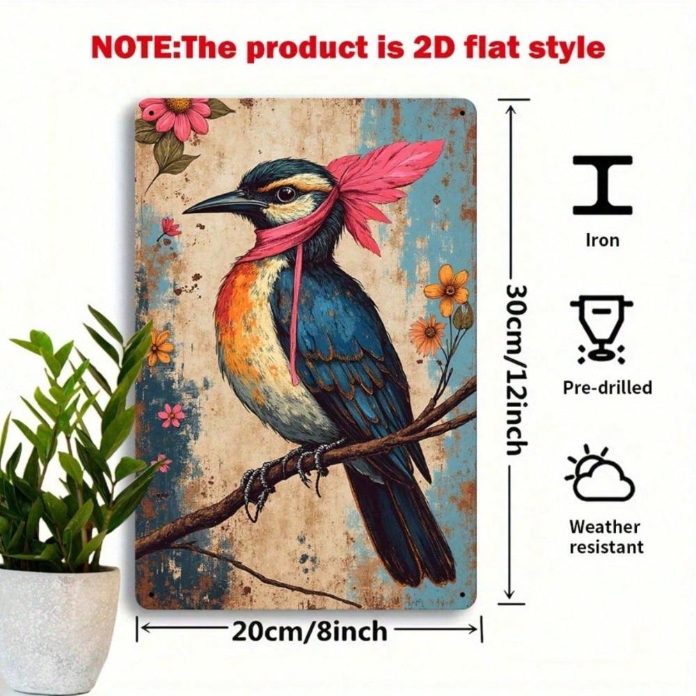 Vintage Bird & Floral Iron Wall Art, 8x12 Rustic Metal Plaque, Colorful Flowers, 2D Sign for Living Room