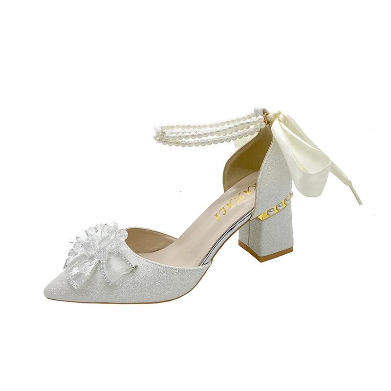Elegant Fashion Pearl One Word Wedding Single Shoes New Pointed Toe Shallow Slip Rhinestone Bow Square Heels