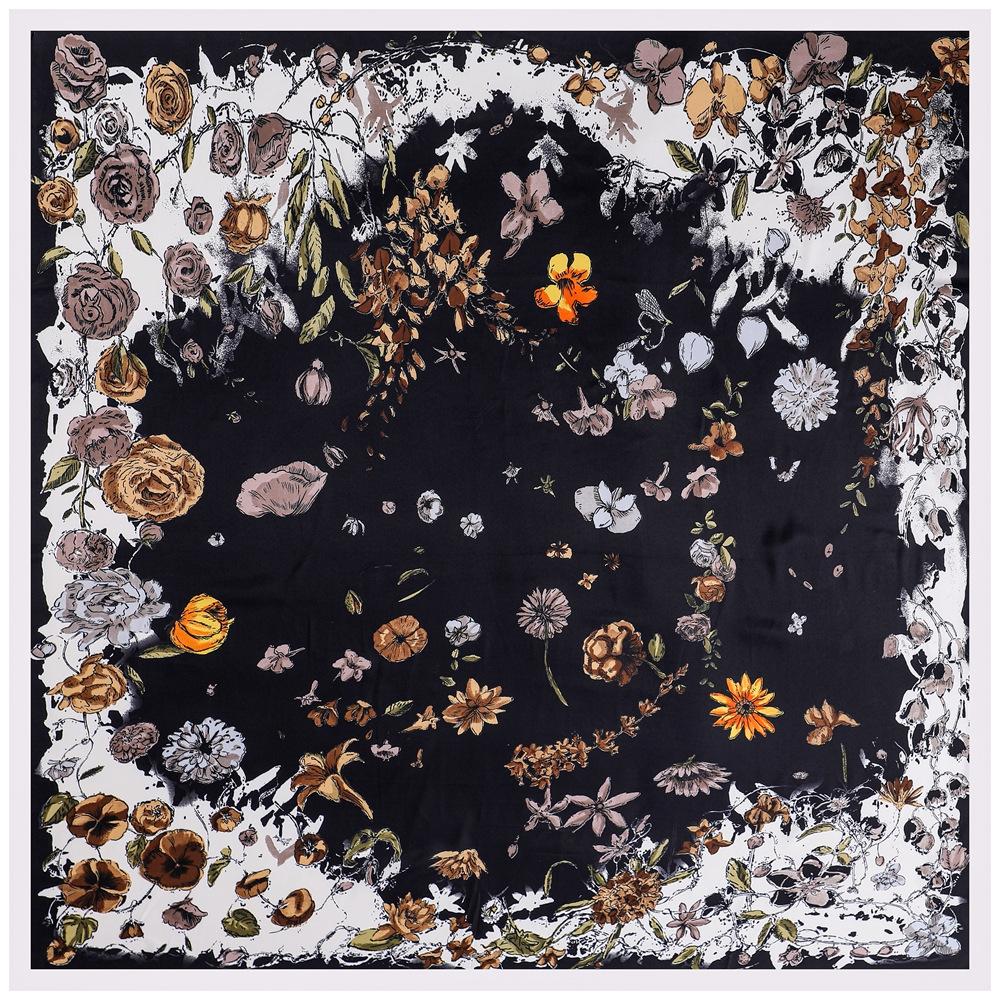 Silk Scarf Women Large Shawls New Rose Flower Print Stoles Square Bandana Luxury Kerchief Hijab Female Foulards 130CM