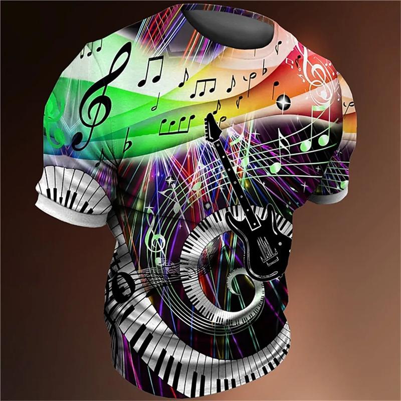 3D Printed Colorful Music T-Shirt For Men Musical Notes Pattern T Shirts Summer Casual Loose Tees Round Neck Tops Short Sleeves