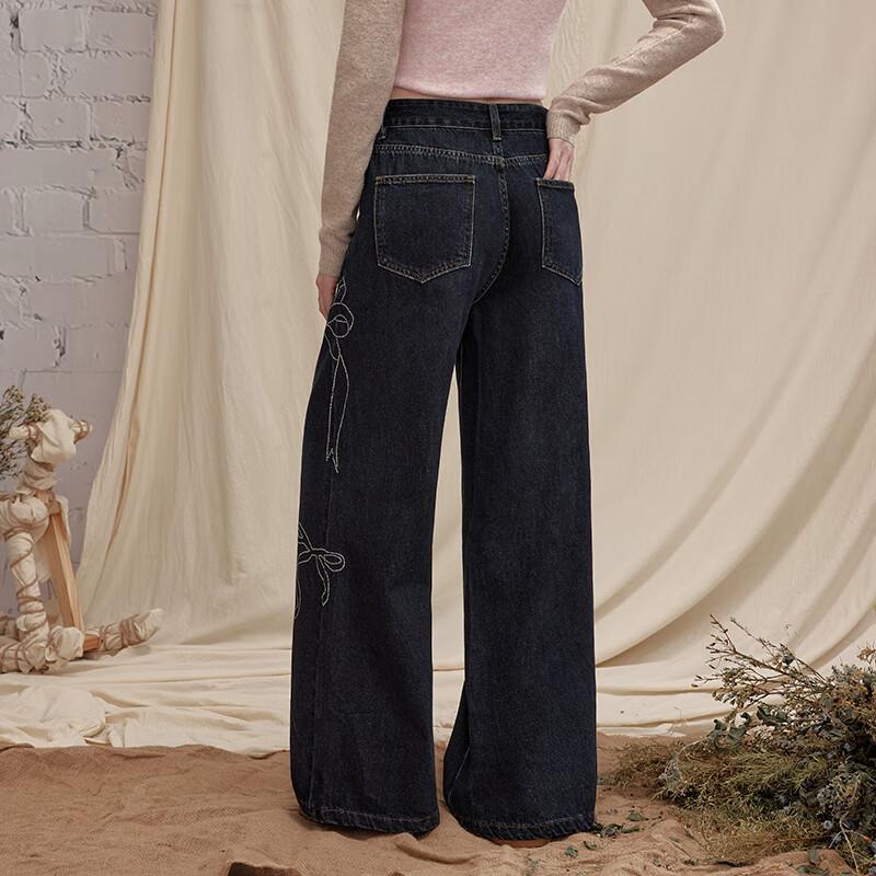unifree Loose Distressed Rhinestone Patchwork Wide-Leg Jeans