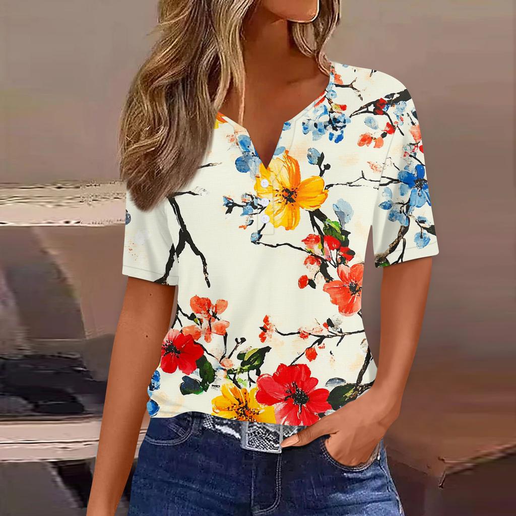 Dámské tričko s potiskem, knoflíky, krátký rukáv, denní, víkendová móda, základní V-výstřih, běžný top