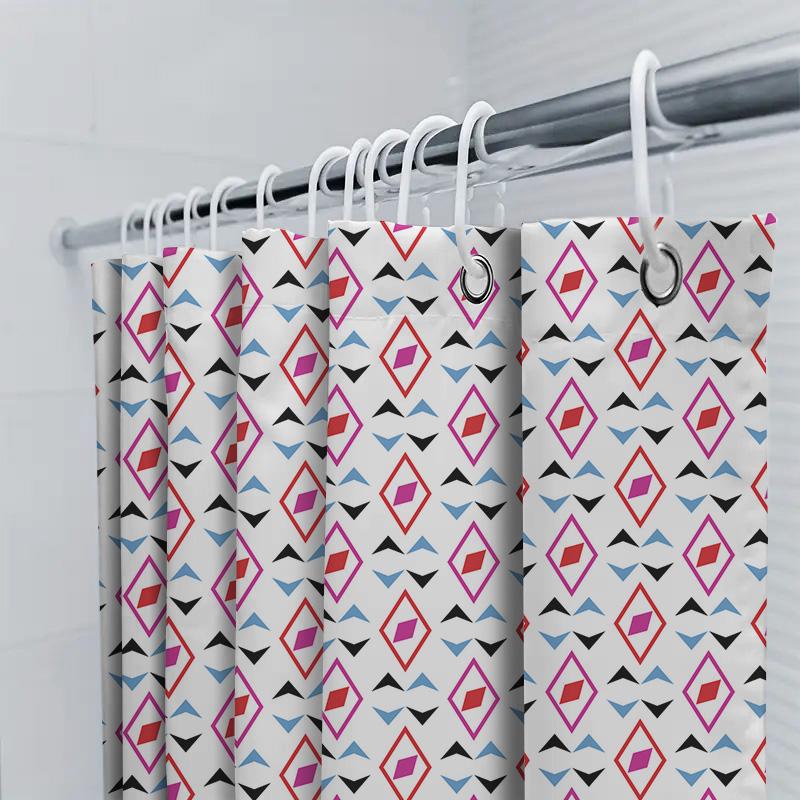 Vibrant Geometric Print Shower Curtain White Fabric Bath Decor Pink Blue Accent Decorative Showershade for Home Decoration Size