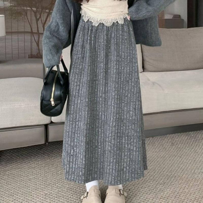 Women's Fleece-Lined A-Line Midi Skirt Elastic Waist For Autumn Winter Grey Skirt