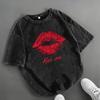 Vintage Red Lips Kiss Me Rose Newspaper  Pop Art Girl Graphic Acid Wash TShirt Oversized Streetwear Casual Tops for Women