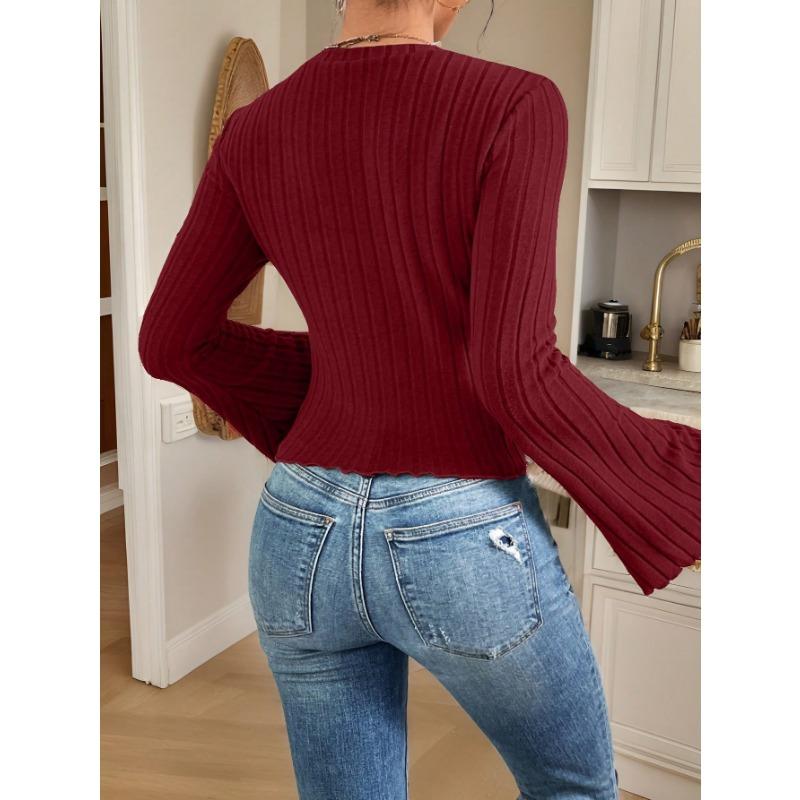 Women S Slim Fit Long Sleeve Knit Top Crew Neck Brushed Fall Winter