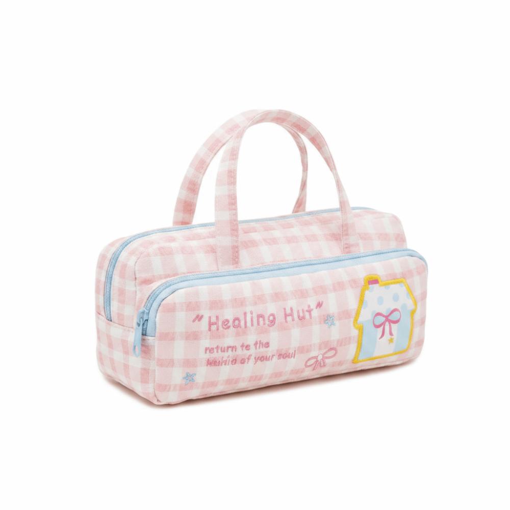 Double Layer Stationery Box Plaid Stationery Bag High Beauty Pen Bag Girls pink-bow