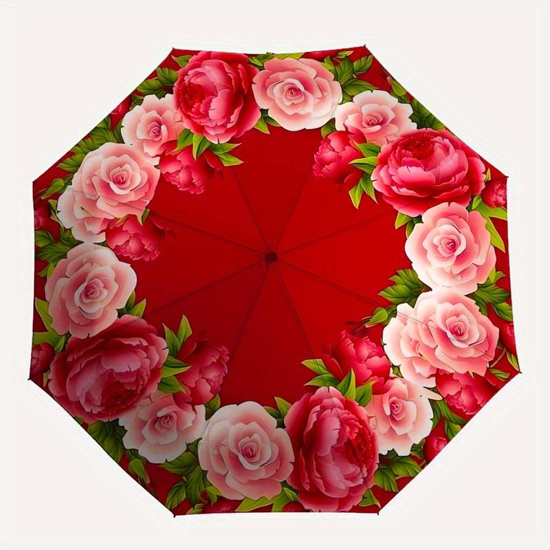 Flower wreath Automatic Folding Umbrella Simple 8 Rib Design, Bright Cartoon Pattern, Durable Iron Frame, Suitable For Travel, Outdoor, Bea