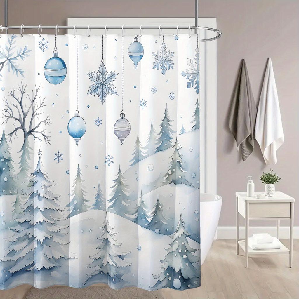 Cartoon Snowflake Blue Ball Cedarwood Christmas Print Shower Curtain, High Quality Polyester Fabric with Hooks