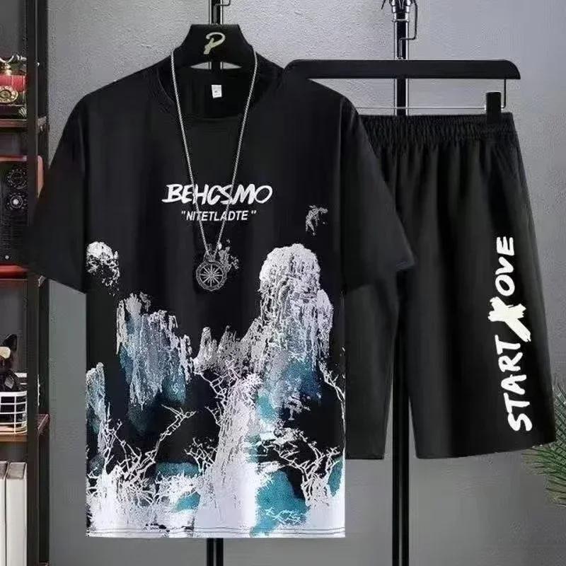 Summer T Shirt for Men Casual Set Silk Gradient Short Men Sleeve T-shirt Shorts Set Men's Sport Set Outfit Y2K Male Clothing