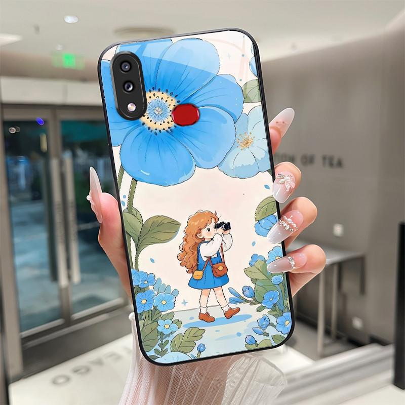 

Cute Cartoon Cats Flower Case For Samsung A10 A10S Tempered Glass Phone Case Protective Hard Back Cover For Galaxy A 10 S Bumper A10S (SM-A107F)