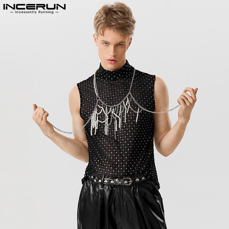 

INCERUN Мужской жилет без рукавов с глубоким вырезом прозрачный вид сквозь пайетки майка