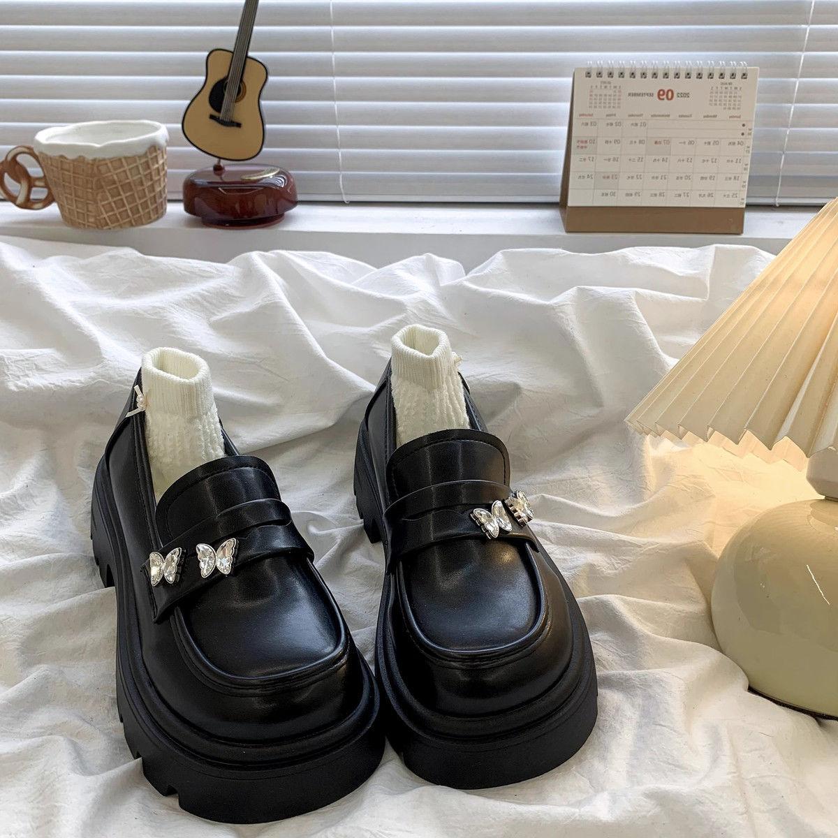 

Bow thick heel muffin Mary Jane shoes women s 2024 autumn new college style jk small leather shoes platform shoes 40 матовий чорний колір