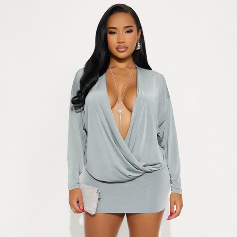 European and American Style Women's Autumn and Winter New Item Solid Color Fashionable Deep V Long Sleeved Waist Cinching Sexy Hip Hugging Dress