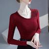Women's Hand-Beaded Mesh Top - Slanted Neck, Long Sleeve, Autumn/Spring Fashion