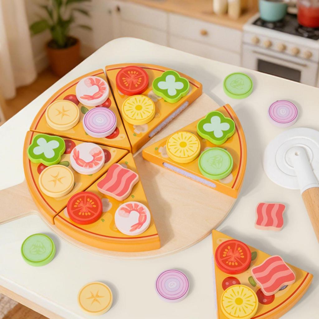Wooden Pizza Play Set Educational for Playroom, Kids