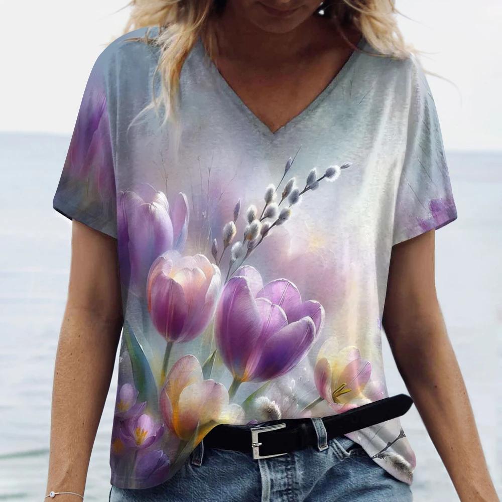 

Модная женская футболка с принтом тюльпана 3D, летняя повседневная футболка с цветочным принтом и V-образным вырезом, винтажная женская футболка больших размеров в стиле Харадзюку 5XL