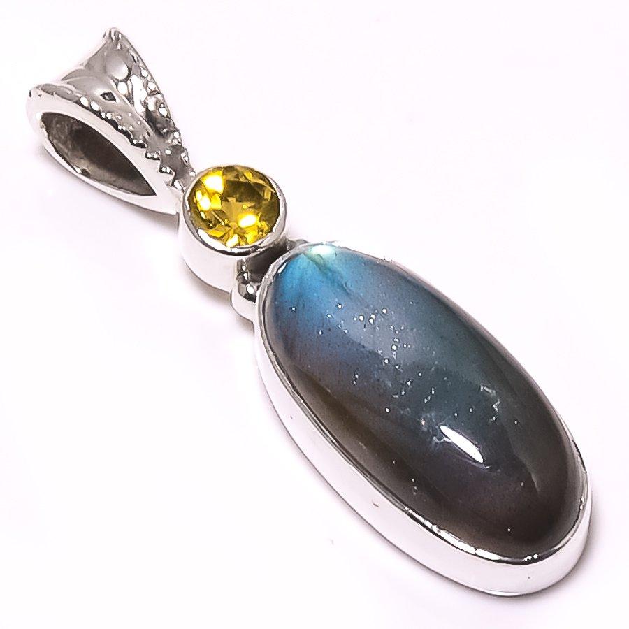 Natural Labradorite,Citrine 925 Solid Sterling Silver Jewelry Pendant 1.30" f7R33