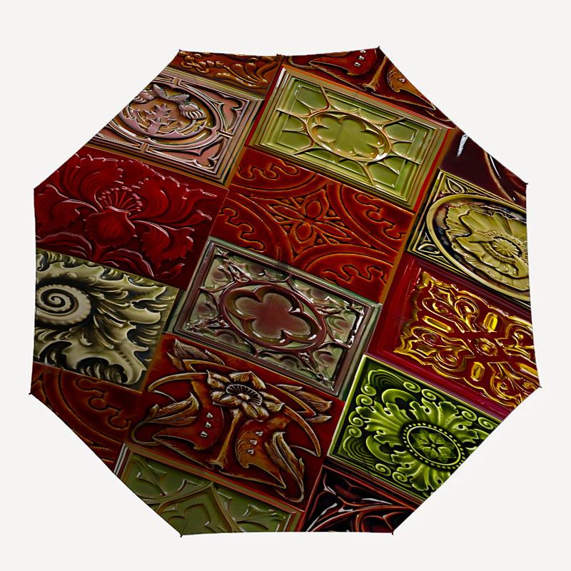 Decorative Tiles Art Nouveau Patterns Themed Automatic Opening and Closing Umbrella, Brightly Colored 8 rib Portable Umbrella, Suitable for