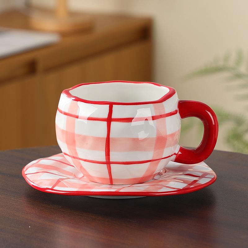 Korean Hand-Painted Ceramic Cup & Saucer Set - Creative Irregular Design for Coffee & Tea