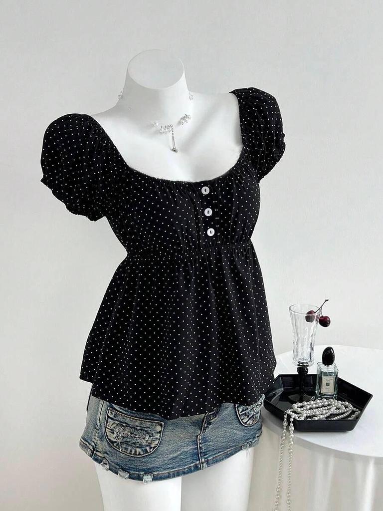Summer 2026 Women's Polka Dot Puff Sleeve French Square Neck Slim Waist Top