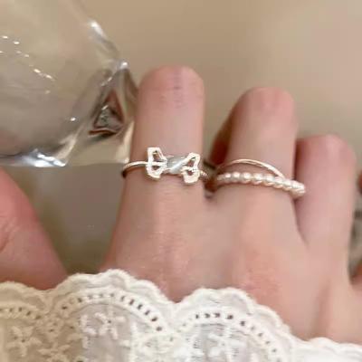 Opal Bow Open Pearl Ring Women'S Summer Niche Light Luxury High-End Index Finger Ring French Sweet Ring