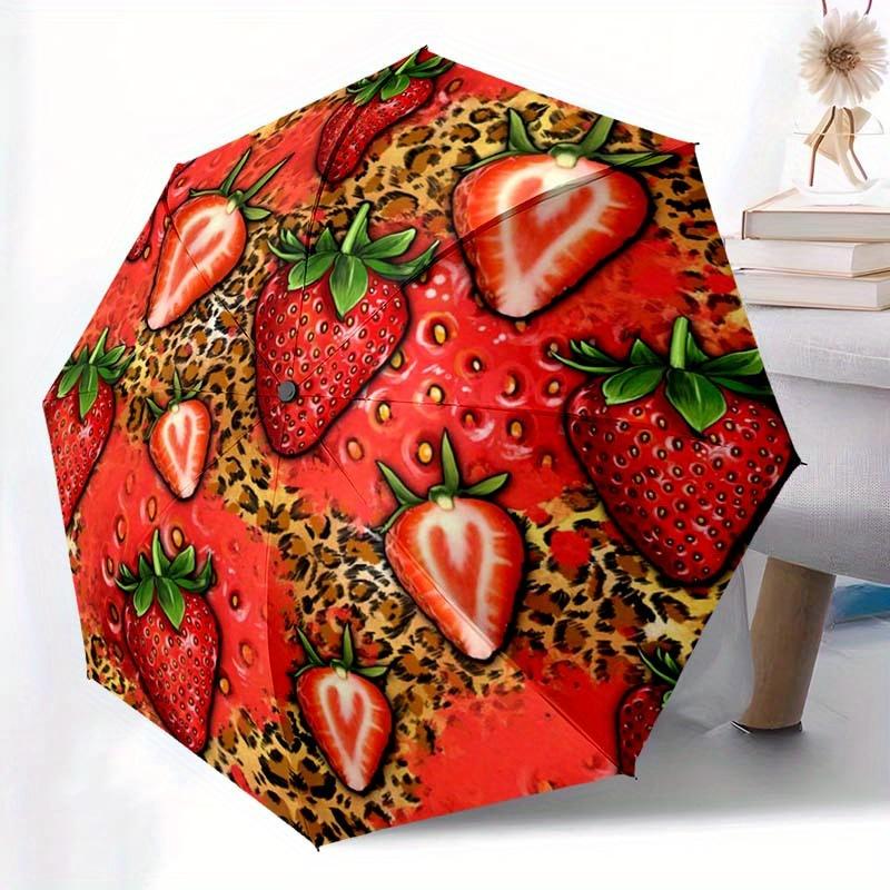 1pc Leopard Strawberry Print Automatic Folding Umbrella - Portable 8-Rib Foldable Design, Durable Plastic Iron, Stylish Ca
