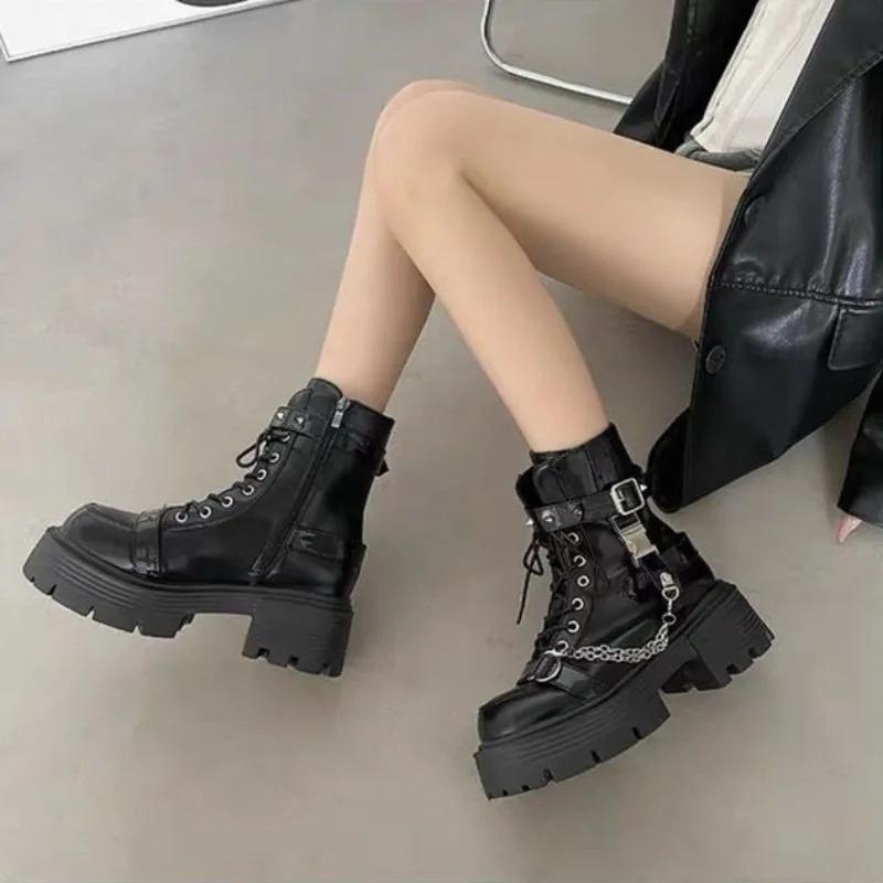 Booties Chain Round Toe Women's Ankle Boots Elegant With Medium Heels Female Short Shoes Hot Pu High Quality New In Sale Boot 39